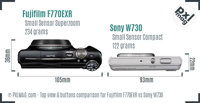 Fujifilm F770EXR vs Sony W730 top view buttons comparison Fujifilm F770EXR vs Sony W730 top view buttons comparison