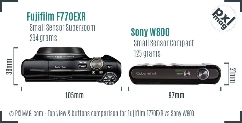 Fujifilm F770EXR vs Sony W800 top view buttons comparison Fujifilm F770EXR vs Sony W800 top view buttons comparison
