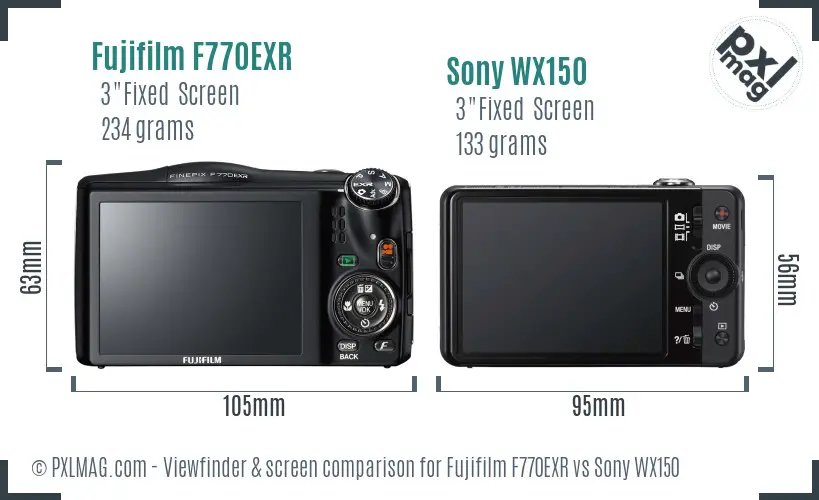 Fujifilm F770EXR vs Sony WX150 Screen and Viewfinder comparison