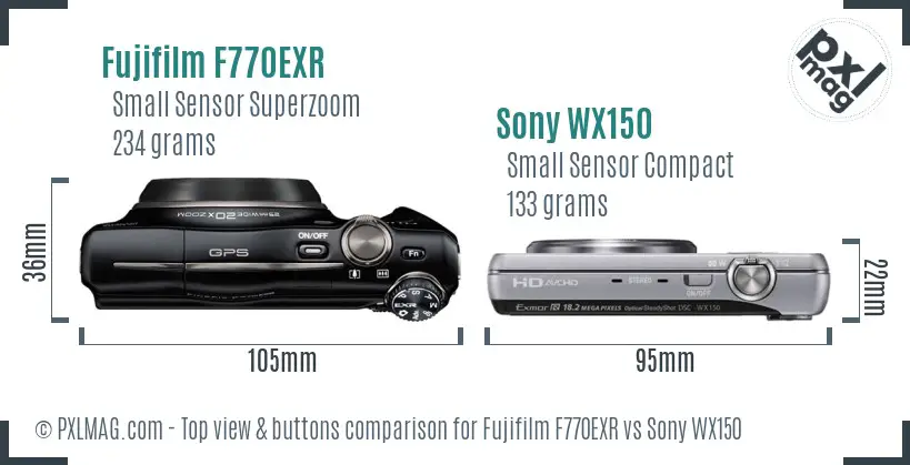 Fujifilm F770EXR vs Sony WX150 top view buttons comparison