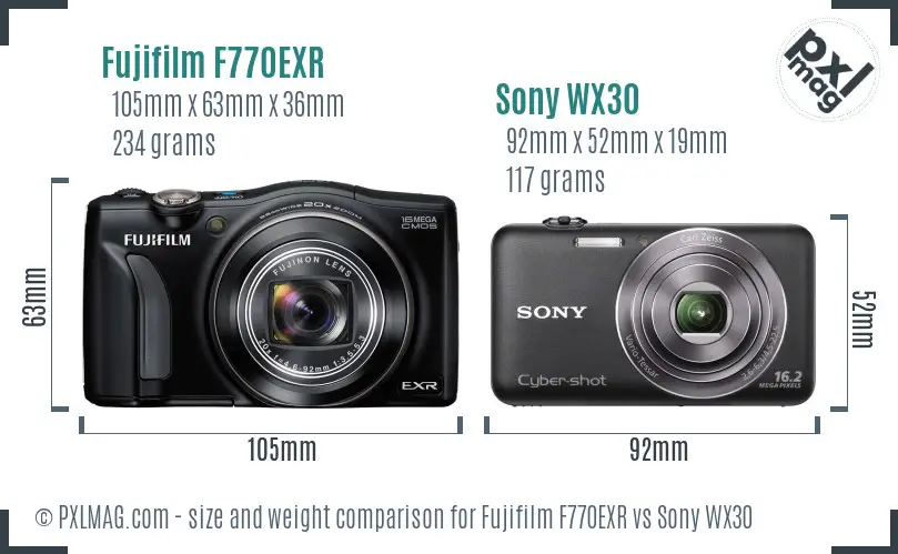 Fujifilm F770EXR vs Sony WX30 size comparison
