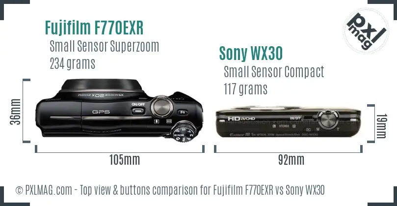 Fujifilm F770EXR vs Sony WX30 top view buttons comparison