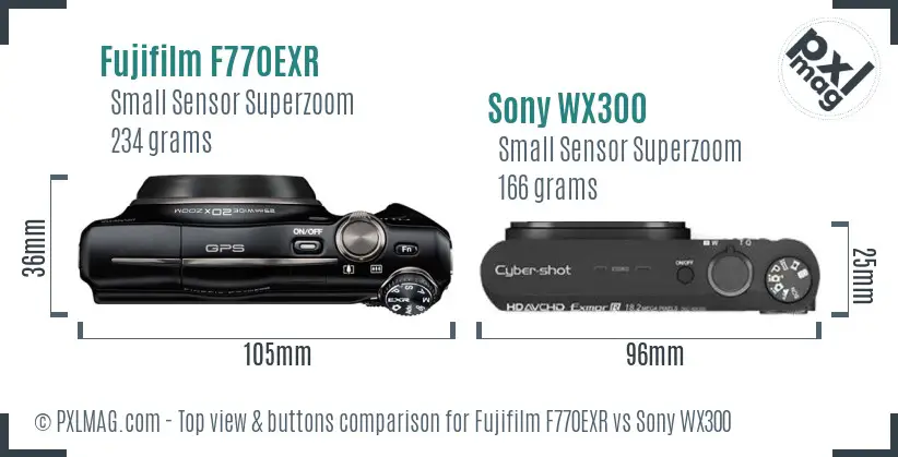 Fujifilm F770EXR vs Sony WX300 top view buttons comparison