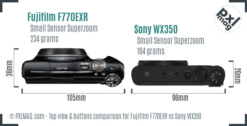 Fujifilm F770EXR vs Sony WX350 top view buttons comparison
