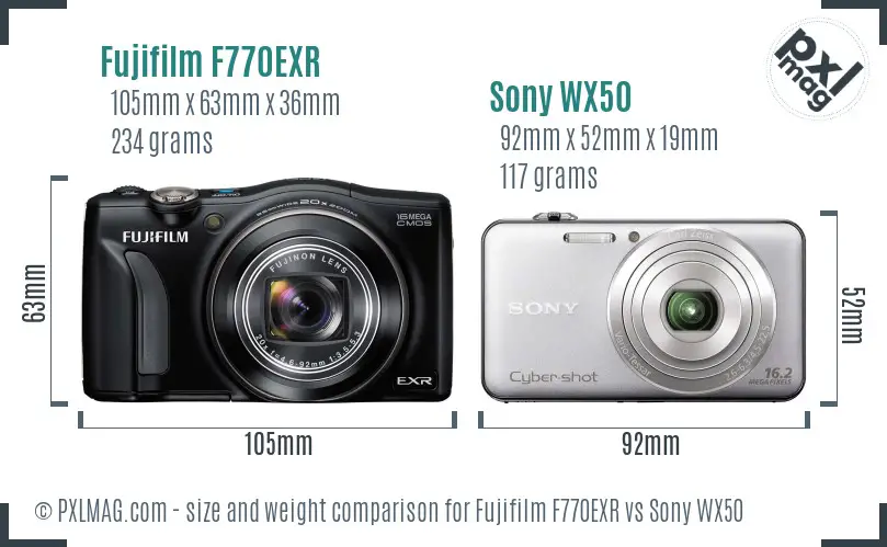 Fujifilm F770EXR vs Sony WX50 size comparison