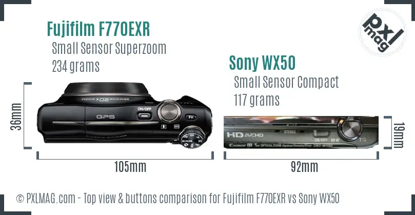 Fujifilm F770EXR vs Sony WX50 top view buttons comparison