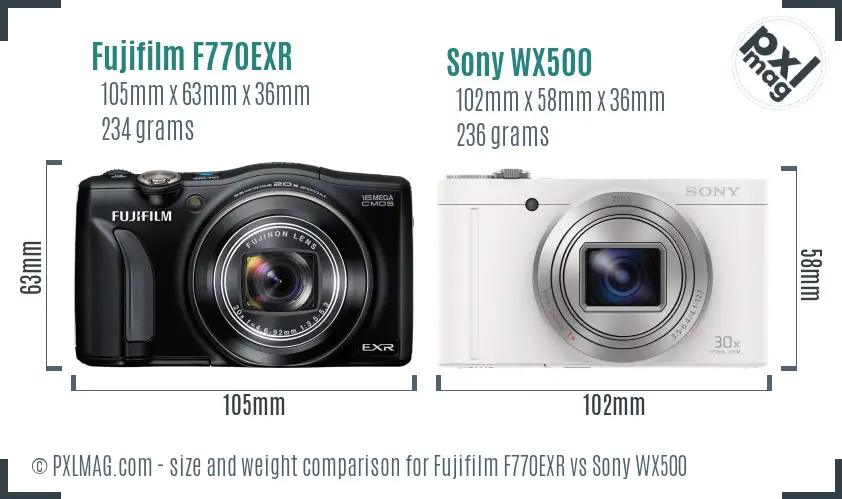 Fujifilm F770EXR vs Sony WX500 size comparison