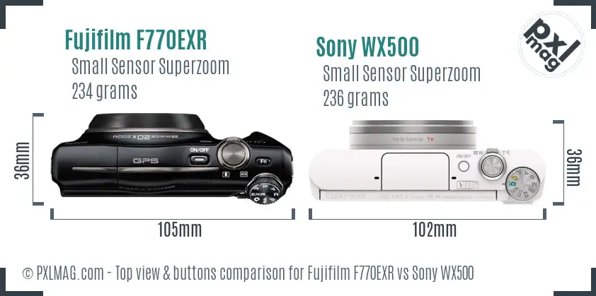 Fujifilm F770EXR vs Sony WX500 top view buttons comparison