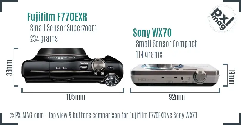 Fujifilm F770EXR vs Sony WX70 top view buttons comparison