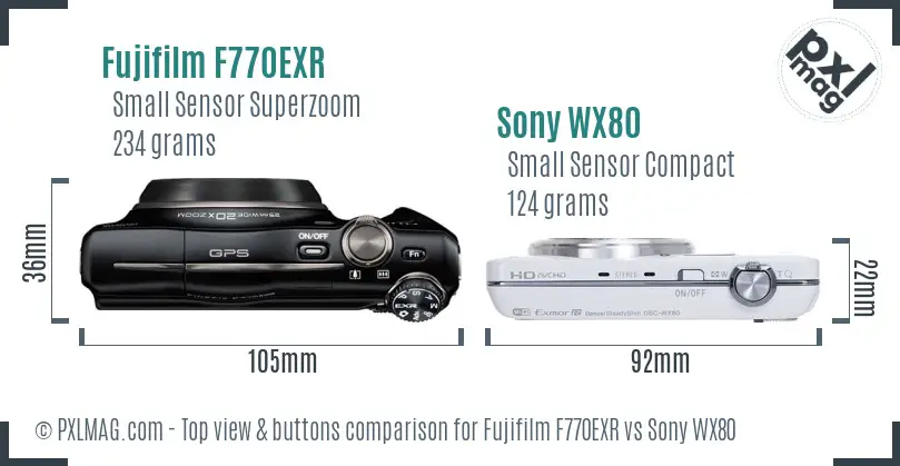 Fujifilm F770EXR vs Sony WX80 top view buttons comparison