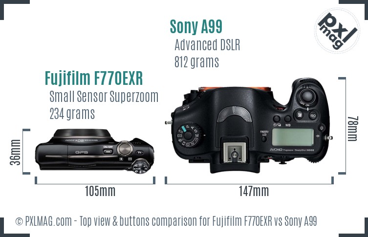 Fujifilm F770EXR vs Sony A99 top view buttons comparison