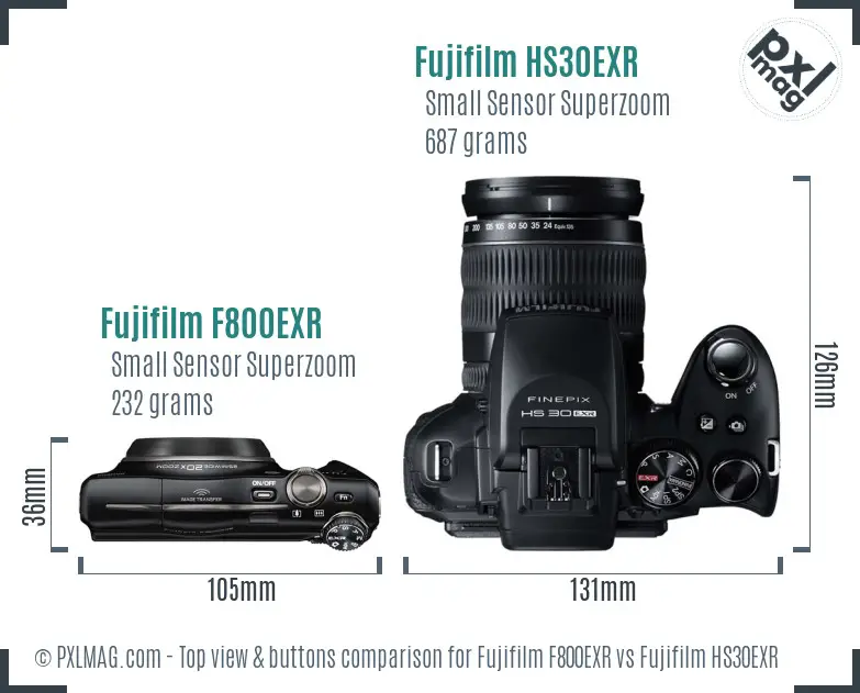 Fujifilm F800EXR vs Fujifilm HS30EXR top view buttons comparison