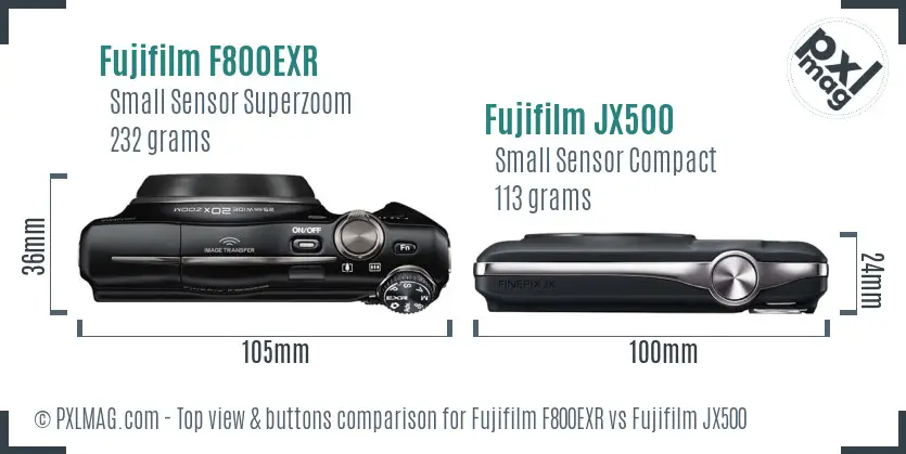 Fujifilm F800EXR vs Fujifilm JX500 top view buttons comparison