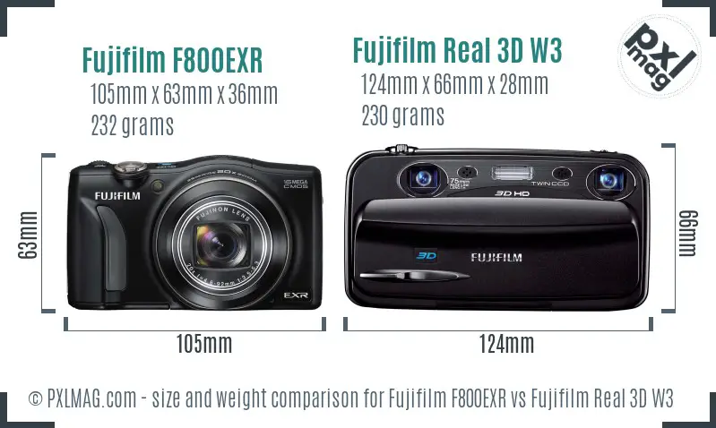 Fujifilm F800EXR vs Fujifilm Real 3D W3 size comparison