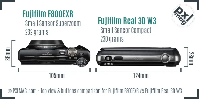 Fujifilm F800EXR vs Fujifilm Real 3D W3 top view buttons comparison