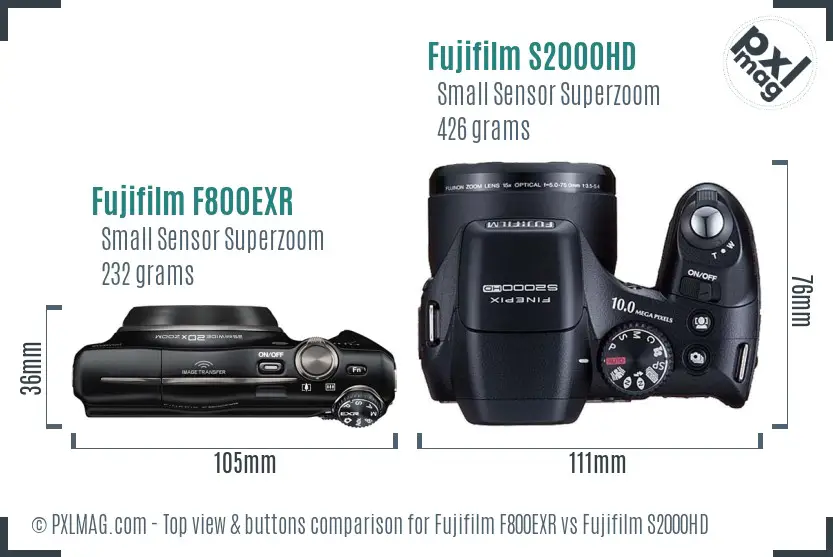 Fujifilm F800EXR vs Fujifilm S2000HD top view buttons comparison Fujifilm F800EXR vs Fujifilm S2000HD top view buttons comparison