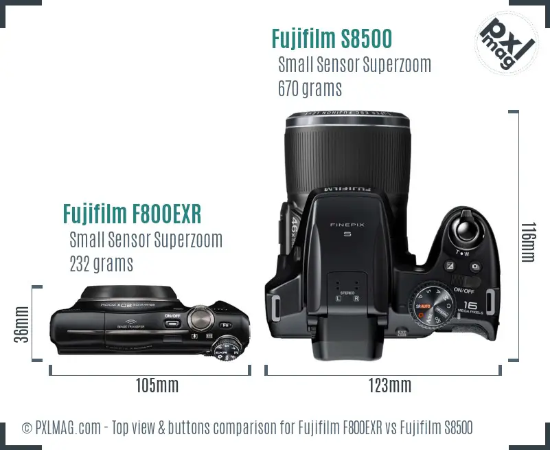 Fujifilm F800EXR vs Fujifilm S8500 top view buttons comparison