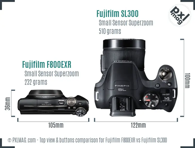 Fujifilm F800EXR vs Fujifilm SL300 top view buttons comparison