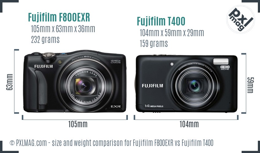 Fujifilm F800EXR vs Fujifilm T400 size comparison