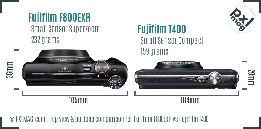 Fujifilm F800EXR vs Fujifilm T400 top view buttons comparison