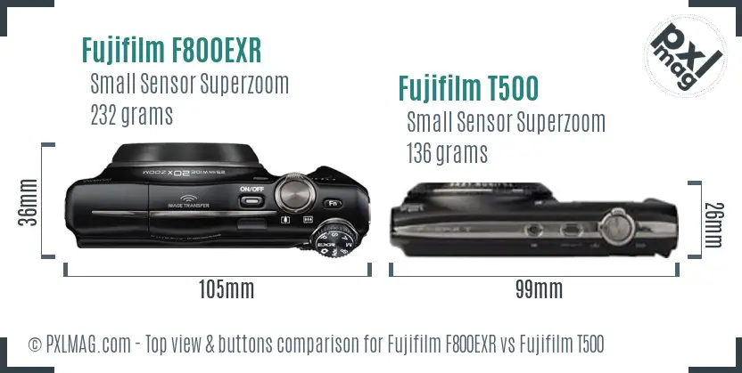 Fujifilm F800EXR vs Fujifilm T500 top view buttons comparison