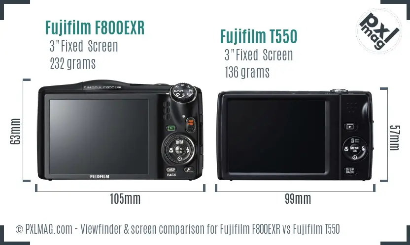 Fujifilm F800EXR vs Fujifilm T550 Screen and Viewfinder comparison