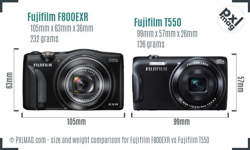 Fujifilm F800EXR vs Fujifilm T550 size comparison