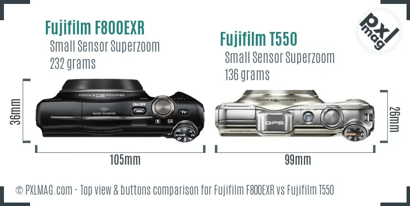 Fujifilm F800EXR vs Fujifilm T550 top view buttons comparison