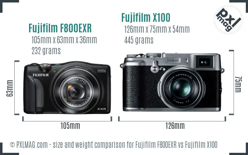Fujifilm F800EXR vs Fujifilm X100 size comparison