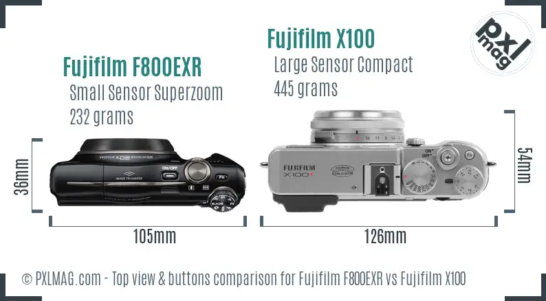 Fujifilm F800EXR vs Fujifilm X100 top view buttons comparison