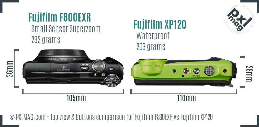 Fujifilm F800EXR vs Fujifilm XP120 top view buttons comparison