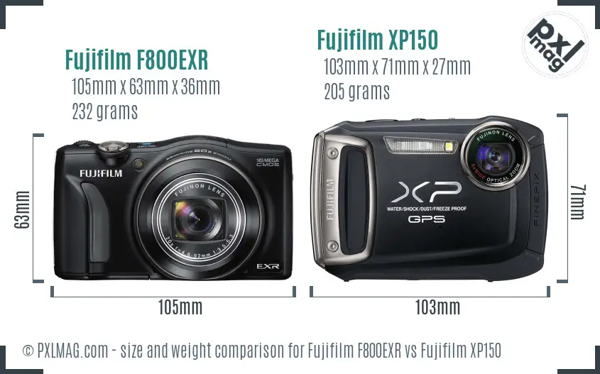 Fujifilm F800EXR vs Fujifilm XP150 size comparison