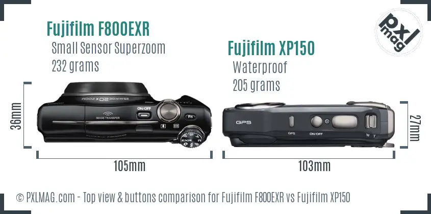Fujifilm F800EXR vs Fujifilm XP150 top view buttons comparison