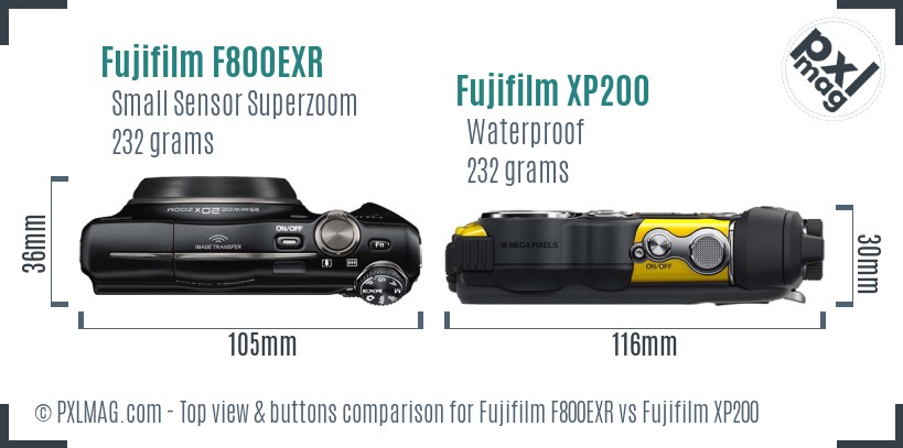 Fujifilm F800EXR vs Fujifilm XP200 top view buttons comparison