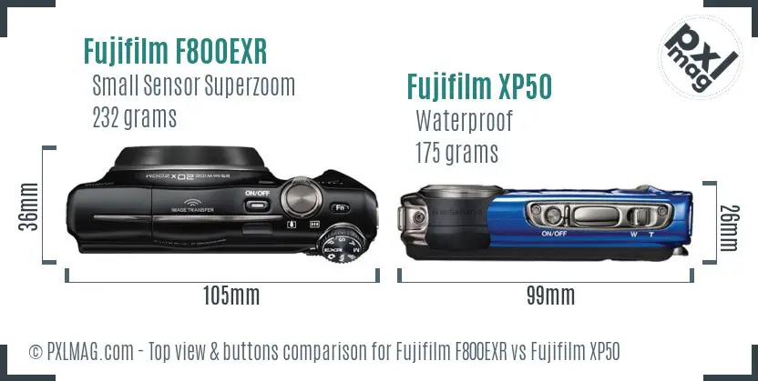 Fujifilm F800EXR vs Fujifilm XP50 top view buttons comparison