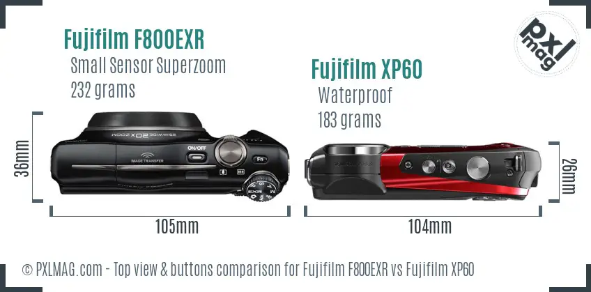 Fujifilm F800EXR vs Fujifilm XP60 top view buttons comparison