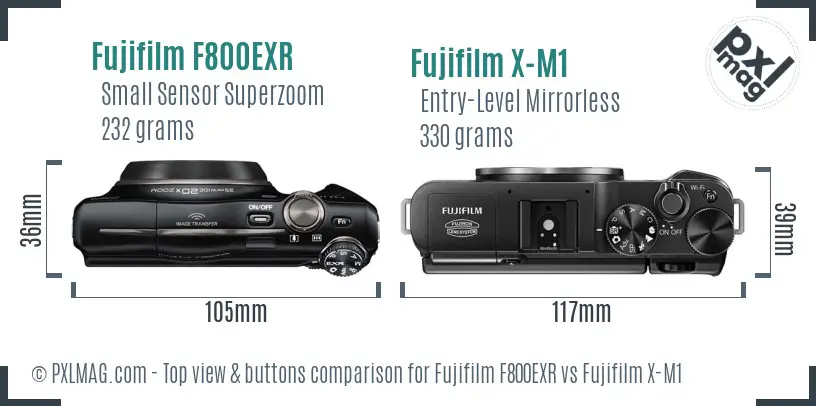 Fujifilm F800EXR vs Fujifilm X-M1 top view buttons comparison