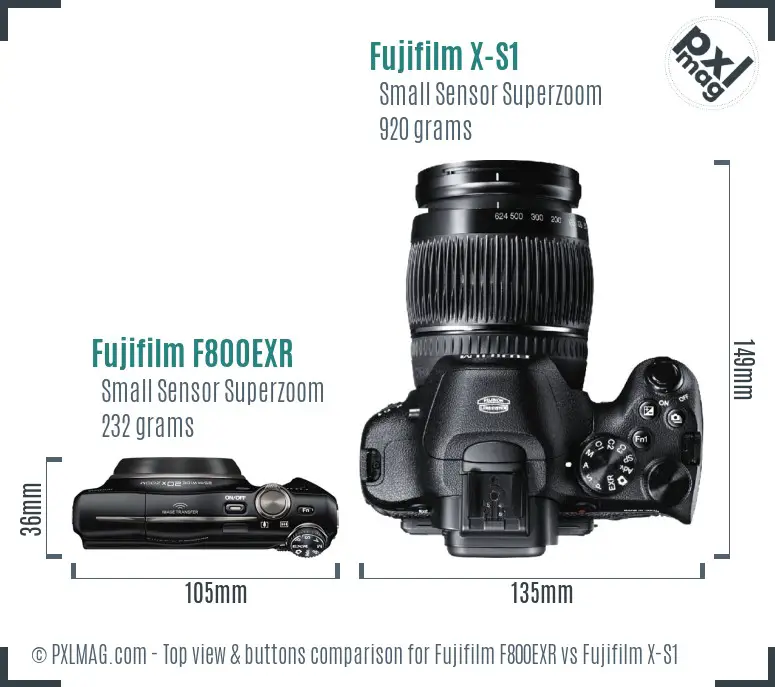 Fujifilm F800EXR vs Fujifilm X-S1 top view buttons comparison Fujifilm F800EXR vs Fujifilm X-S1 top view buttons comparison