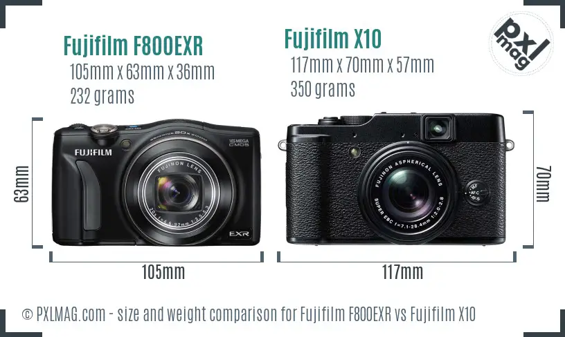 Fujifilm F800EXR vs Fujifilm X10 size comparison