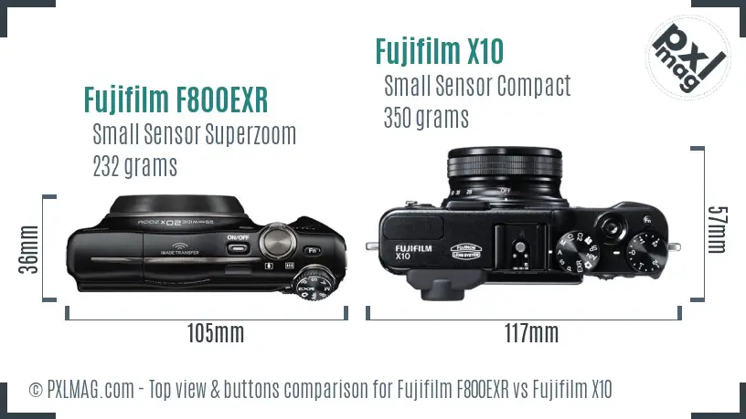 Fujifilm F800EXR vs Fujifilm X10 top view buttons comparison
