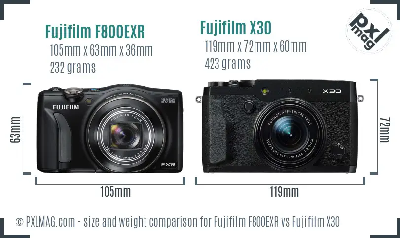 Fujifilm F800EXR vs Fujifilm X30 size comparison