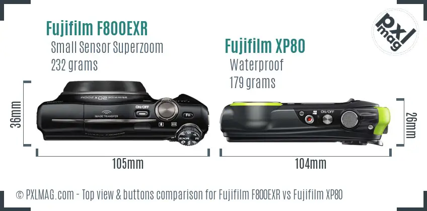 Fujifilm F800EXR vs Fujifilm XP80 top view buttons comparison