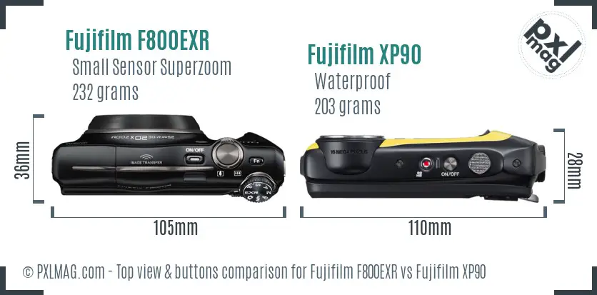 Fujifilm F800EXR vs Fujifilm XP90 top view buttons comparison