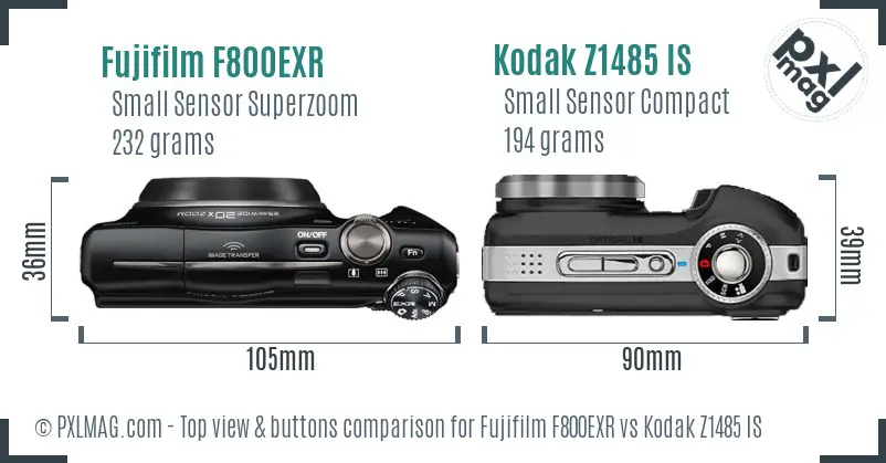 Fujifilm F800EXR vs Kodak Z1485 IS top view buttons comparison