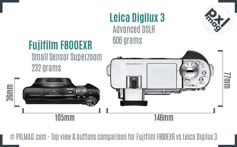 Fujifilm F800EXR vs Leica Digilux 3 top view buttons comparison