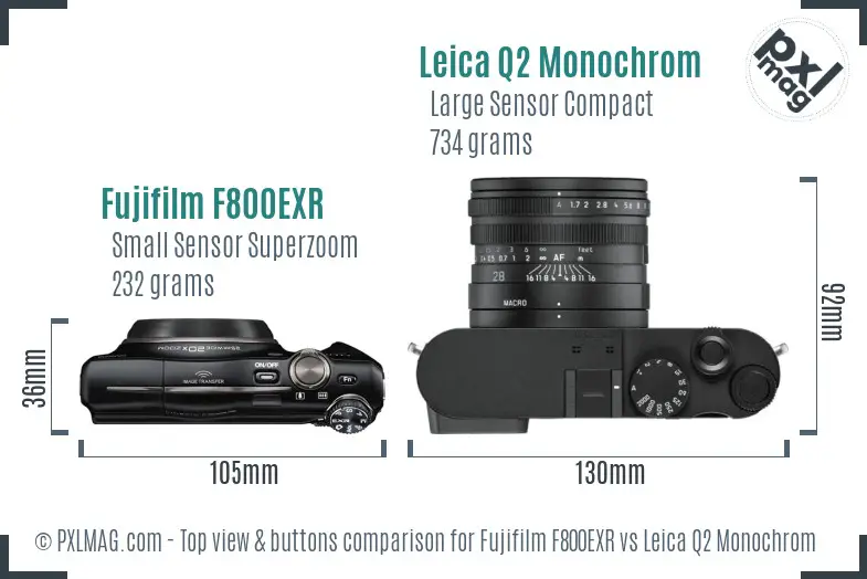Fujifilm F800EXR vs Leica Q2 Monochrom top view buttons comparison