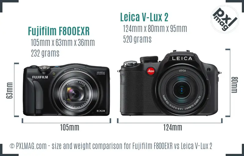 Fujifilm F800EXR vs Leica V-Lux 2 size comparison