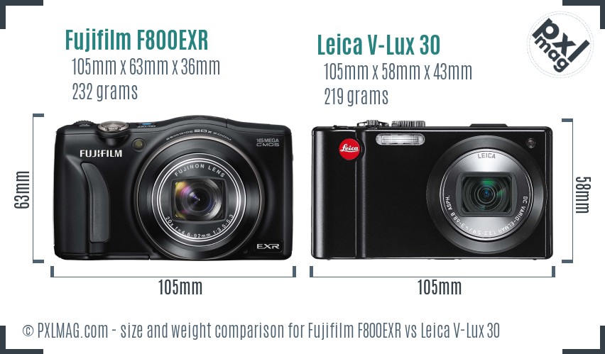 Fujifilm F800EXR vs Leica V-Lux 30 size comparison