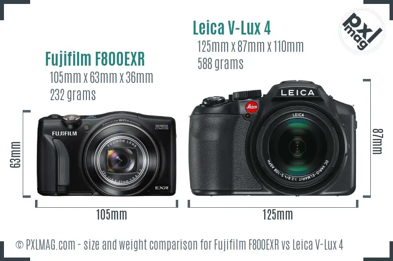 Fujifilm F800EXR vs Leica V-Lux 4 size comparison
