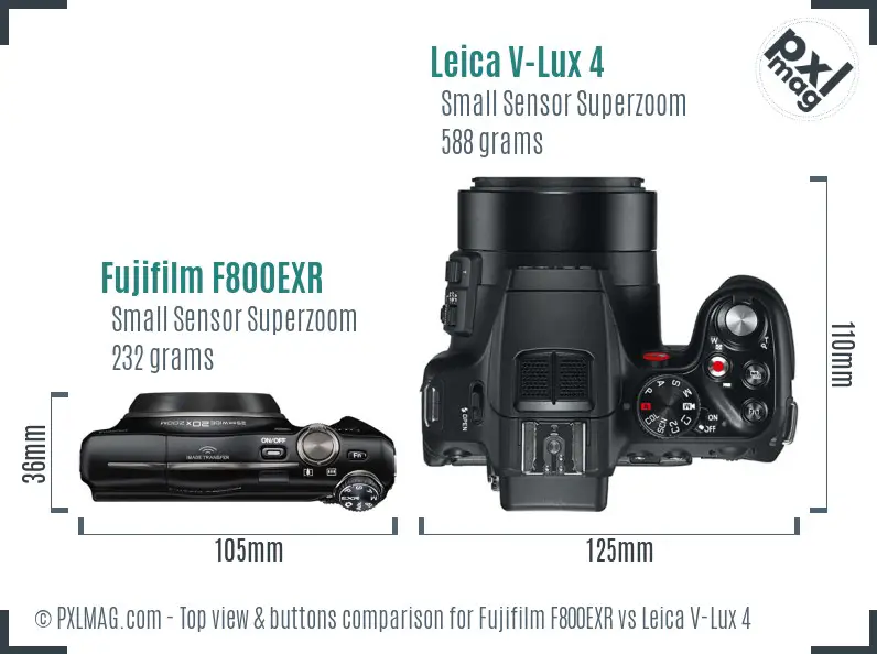 Fujifilm F800EXR vs Leica V-Lux 4 top view buttons comparison